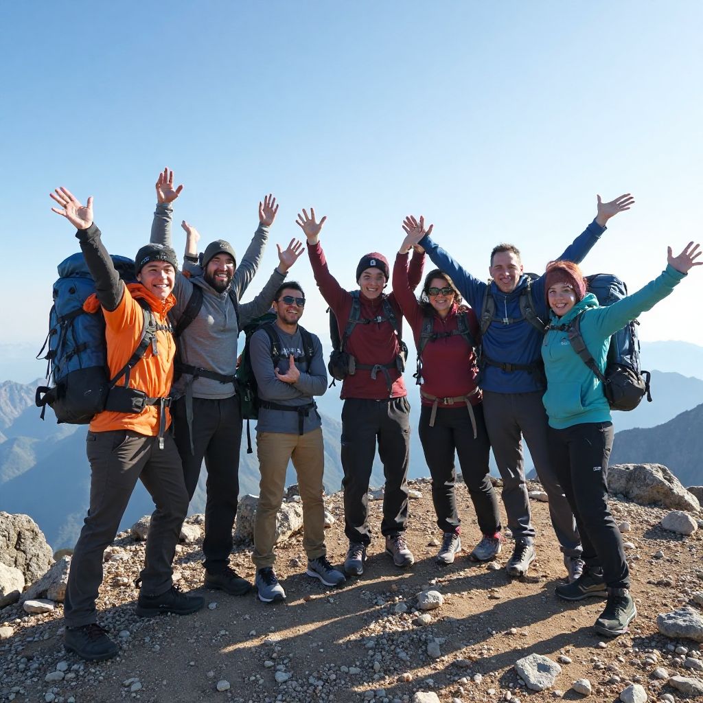 Happy hikers group on summit celebration